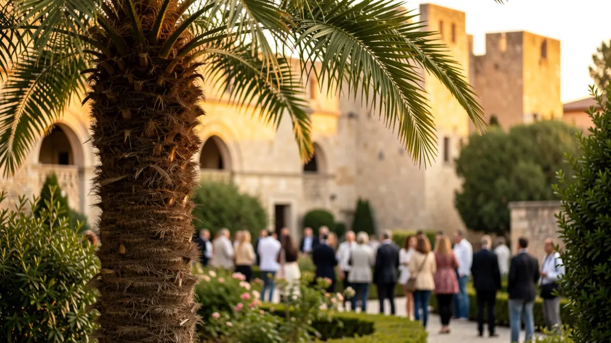 Image of a palm tree in a historic garden in Seville during sunset.