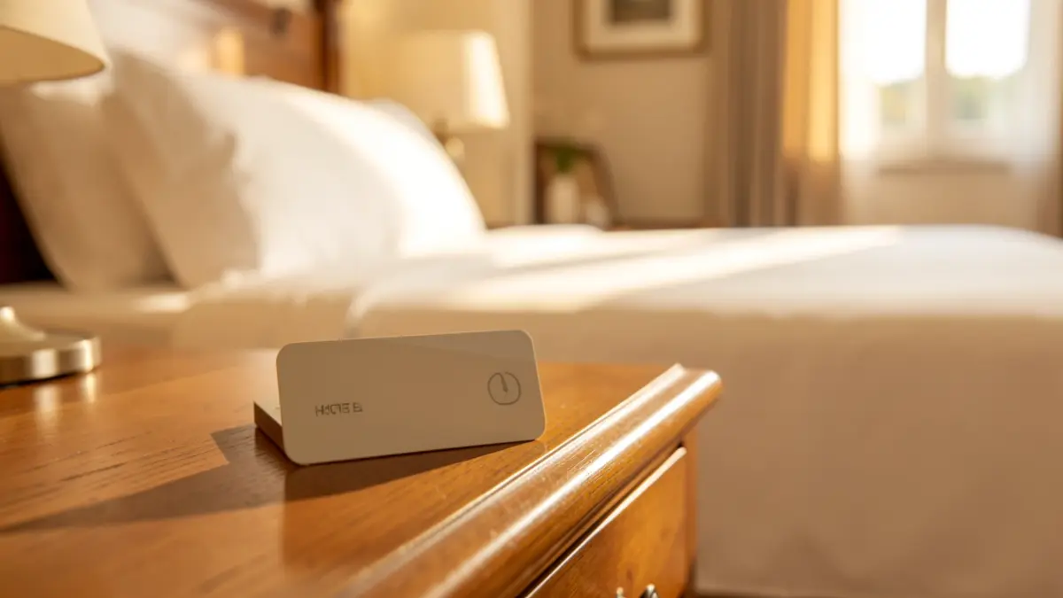 Generic image of a hotel room key card on a table.