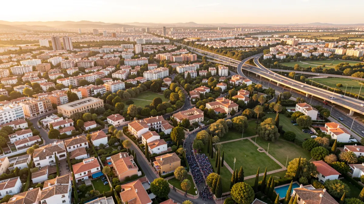 Aerial view of a municipality on the outskirts of Seville, showing housing and connections to the capital.