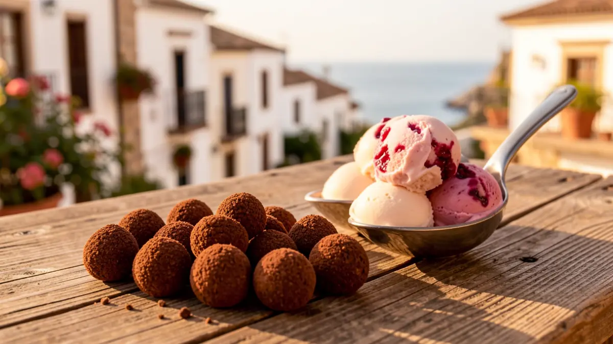 Close-up of artisanal chocolates and natural fruit ice cream on a wooden counter.