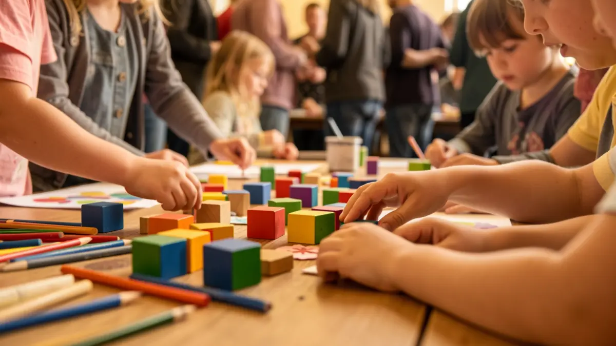 Manos de niños participando en una actividad creativa con materiales de arte.