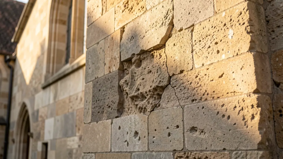 Detalle de la fachada de piedra erosionada de una iglesia antigua.