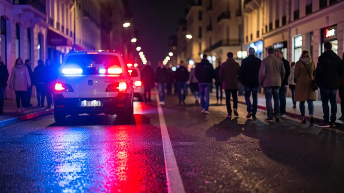 Generic image of police emergency lights reflecting on wet asphalt.