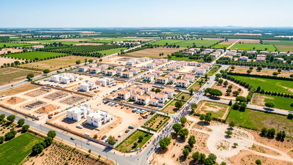 Vista aérea de una zona de desarrollo residencial en Mairena del Aljarafe con obras en curso.