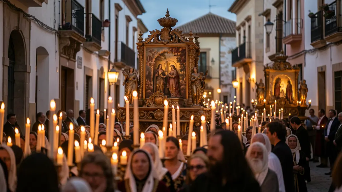 Procesión religiosa solemne en una ciudad histórica andaluza al anochecer, con pasos ornamentados e iluminados por velas.