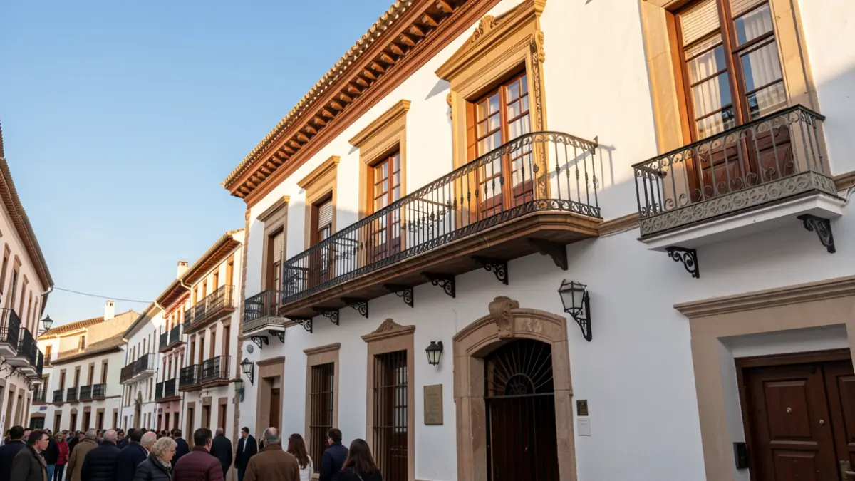 Facade of an Andalusian town hall with an iron balcony and white walls under the afternoon sun.