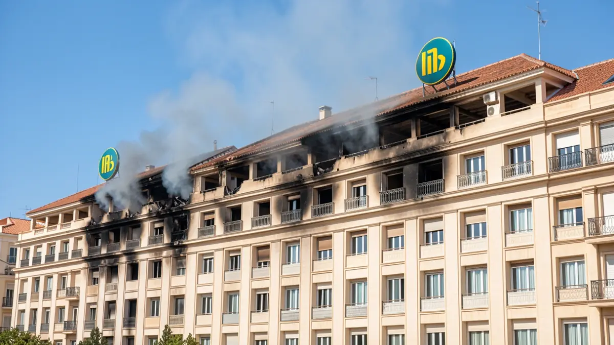 Exterior view of the Hotel Ibis in Malaga with fire damage.