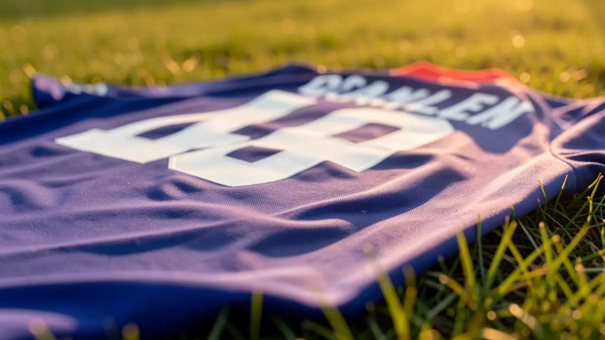 Primer plano de una camiseta de fútbol con nombres y números borrosos en la espalda, sobre césped verde.