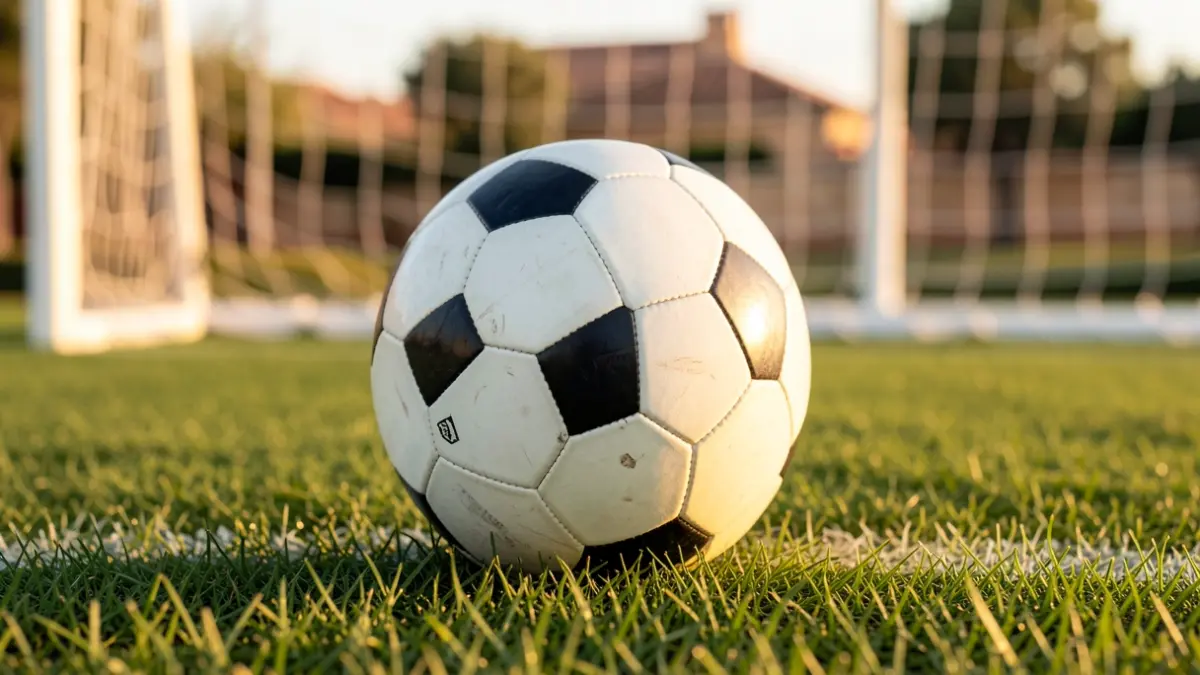 Imagen genérica de un balón de fútbol sobre césped con la red de portería desenfocada.