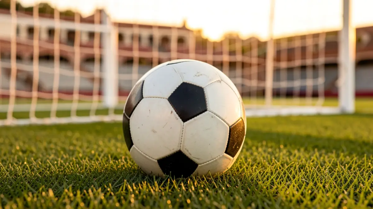 Imagen genérica de un balón de fútbol sobre césped con la red de la portería desenfocada.
