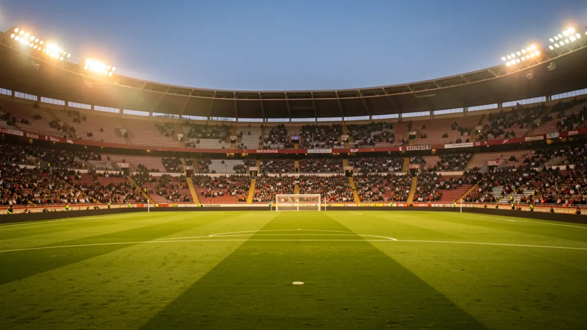 Imagen genérica de un estadio de fútbol andaluz al anochecer, con el campo iluminado y las gradas parcialmente ocupadas.