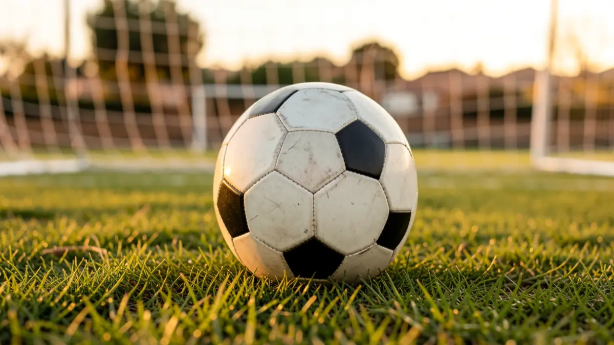 Imagen genérica de un balón de fútbol sobre césped con la red de una portería desenfocada.