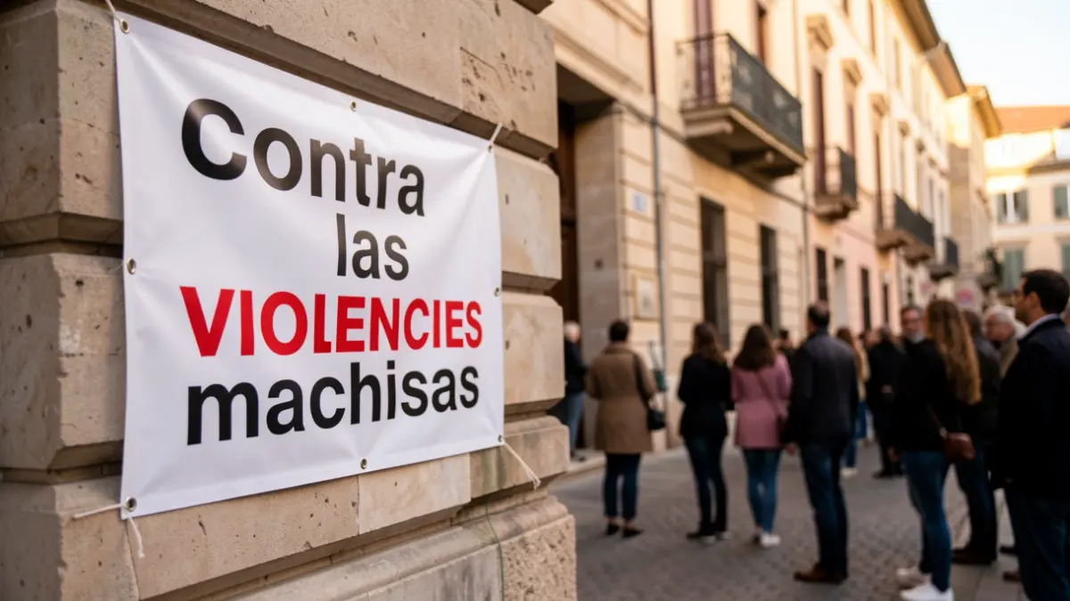 Generic image of a banner against machista violence in front of a town hall.