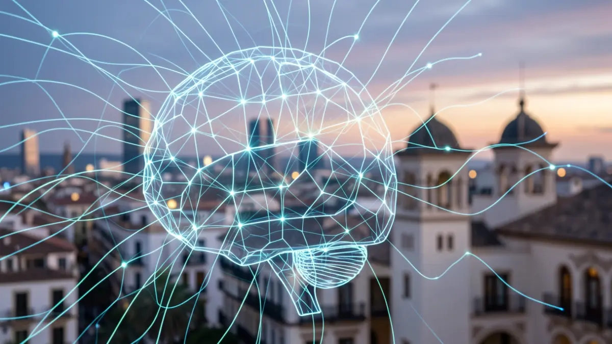 Imagen abstracta de inteligencia artificial y transformación digital con patrones de redes neuronales y flujos de datos.