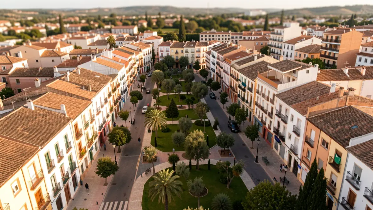 Aerial view of a Málaga neighborhood with renovated streets and green spaces.