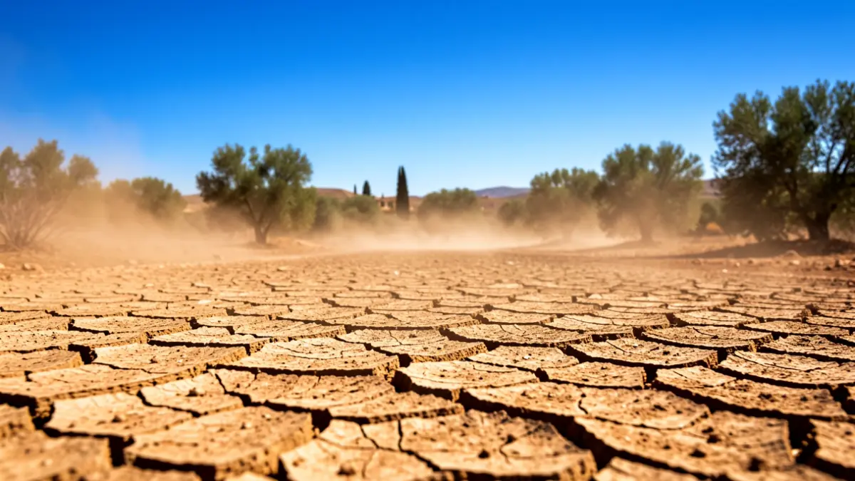 Generic image of extreme heat in Andalusia with cracked earth and intense sun.