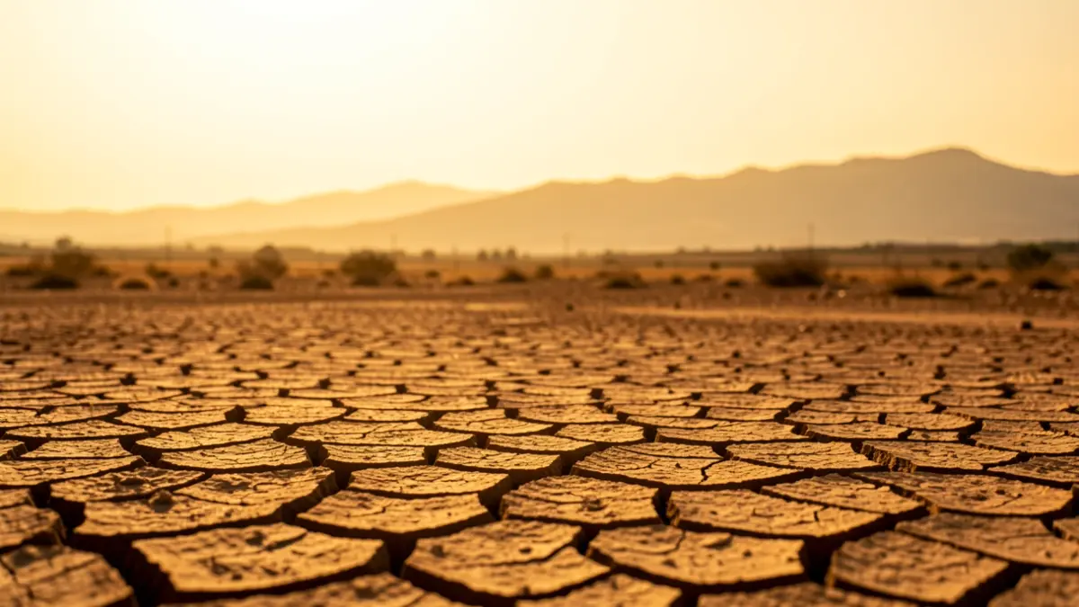 Imagen genérica de un paisaje andaluz agrietado por el calor extremo bajo un cielo brumoso.