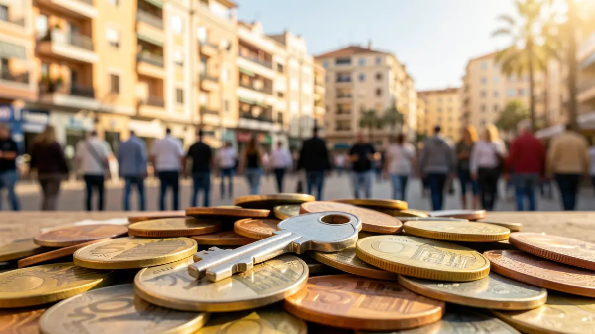 House key on Spanish Euros with apartment buildings in Málaga in the background.