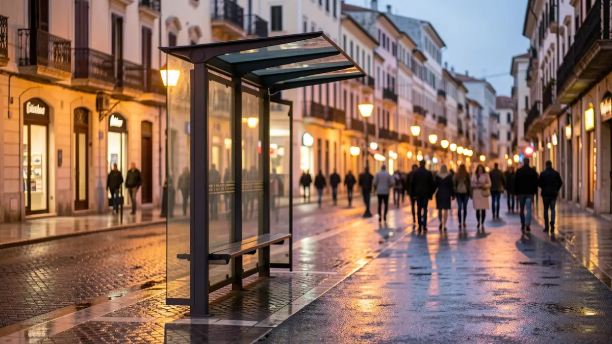 Generic image of a bus stop in a Mediterranean city at dusk.
