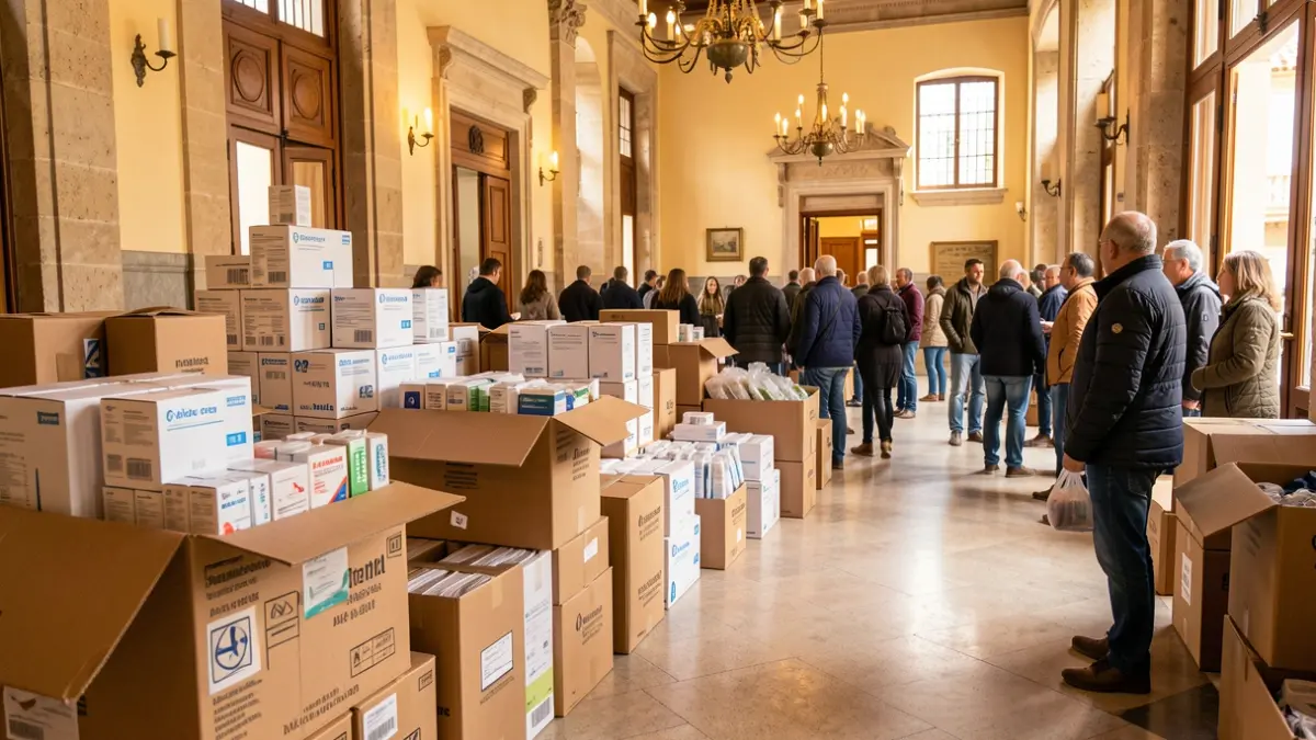 Image of medical supplies and emergency items prepared to be sent to Venezuela from Málaga.