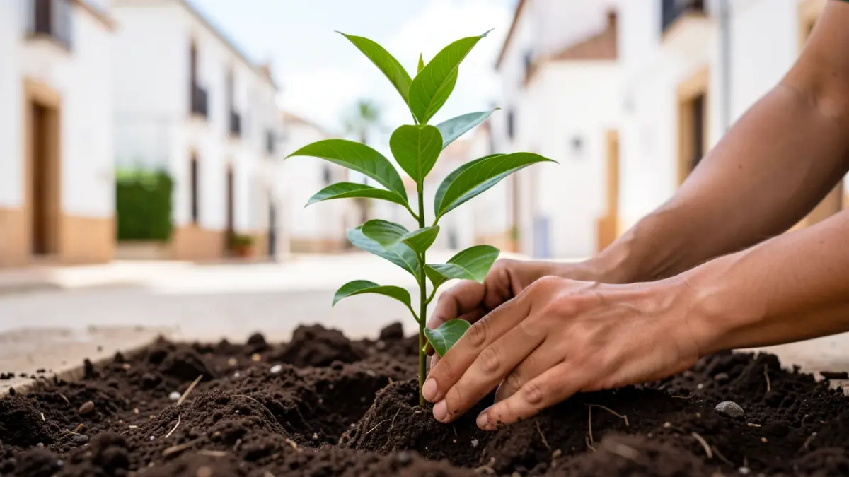 Hands planting a young tree on a street in Malaga.