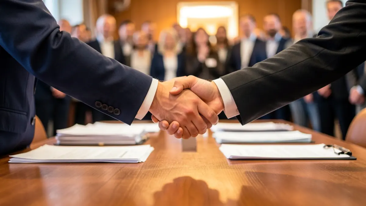 Generic image of two hands shaking over a desk with documents, symbolizing agreement and sportsmanship.