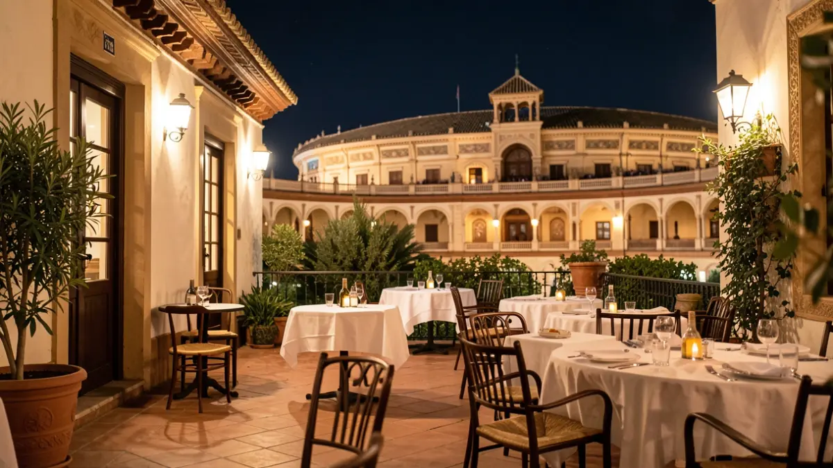 Restaurant terrace in Sevilla overlooking the Real Maestranza at night.