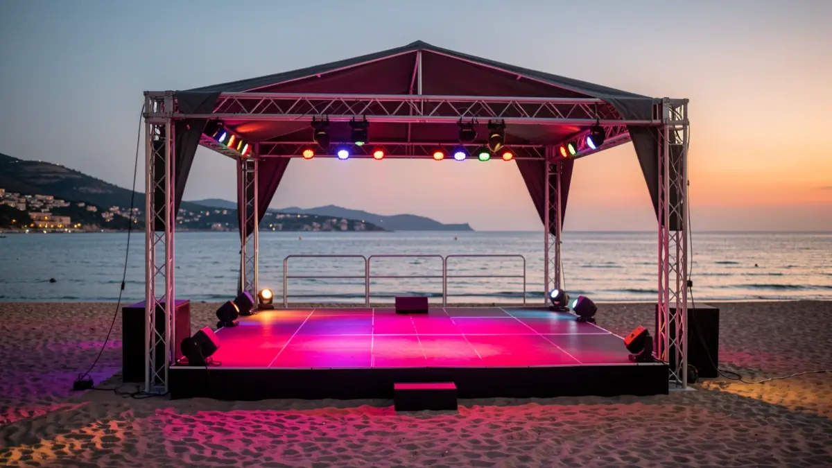 Outdoor concert stage on the beach at sunset.
