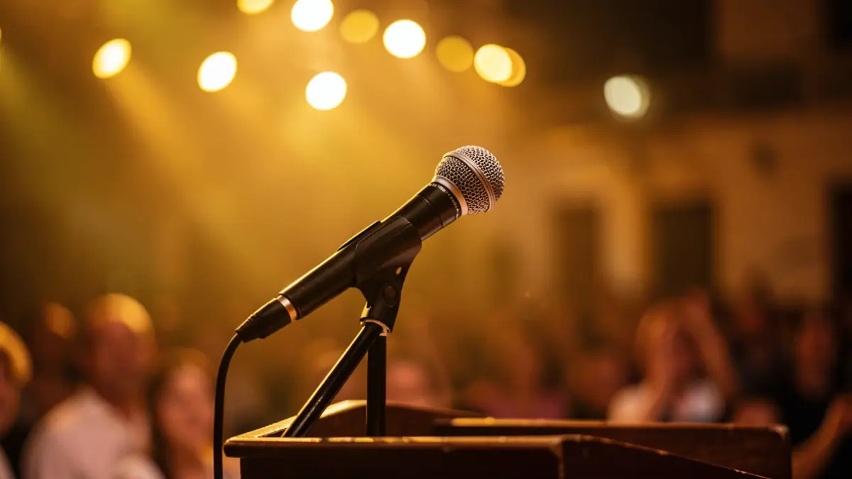 Generic image of a microphone on a stage with concert lights.