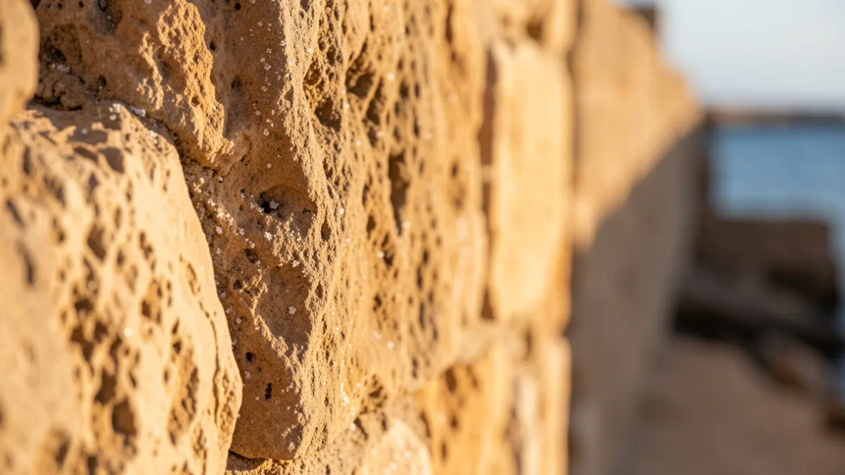 Detalle de una antigua pared de piedra en Cádiz con luz intensa de Andalucía.
