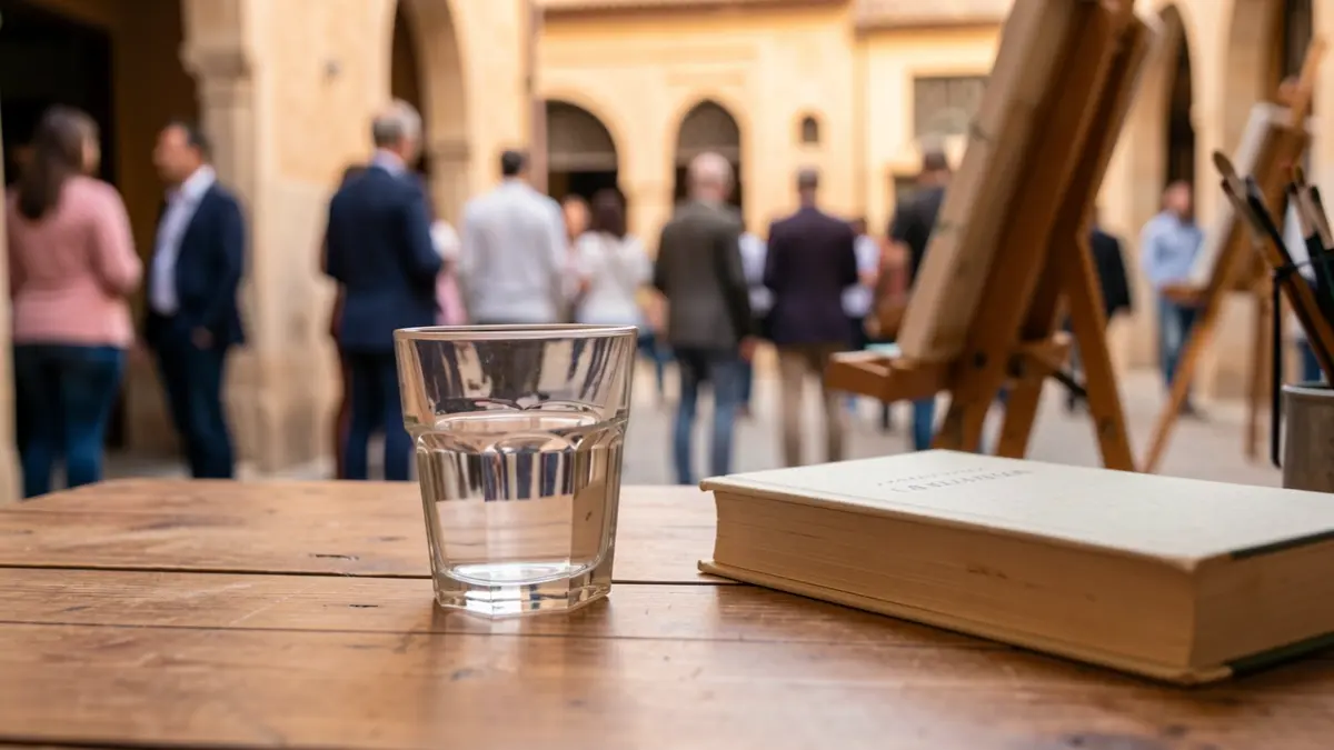 Primer plano de objetos cotidianos como un vaso y un libro sobre una mesa de madera, con un caballete de pintura desenfocado al fondo.