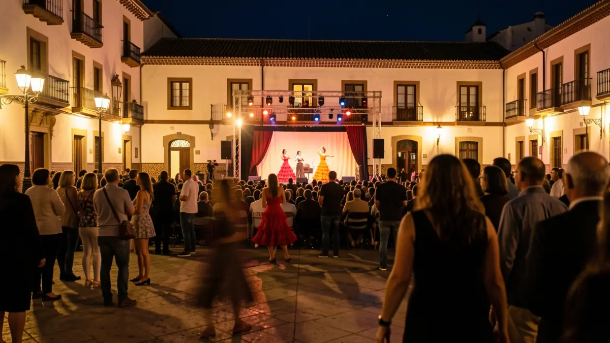 Imagen de la Plaza de las Tendillas de Córdoba durante la Noche Blanca del Flamenco, con el escenario iluminado y público expectante.