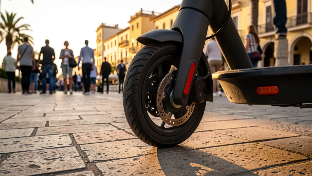 Primer plano de la rueda de un patinete eléctrico en una calle de Marbella con luz de atardecer.