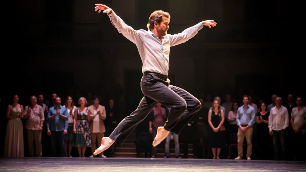 Imagen de una bailarina en pleno salto sobre un escenario con iluminación dramática, evocando emoción y movimiento.