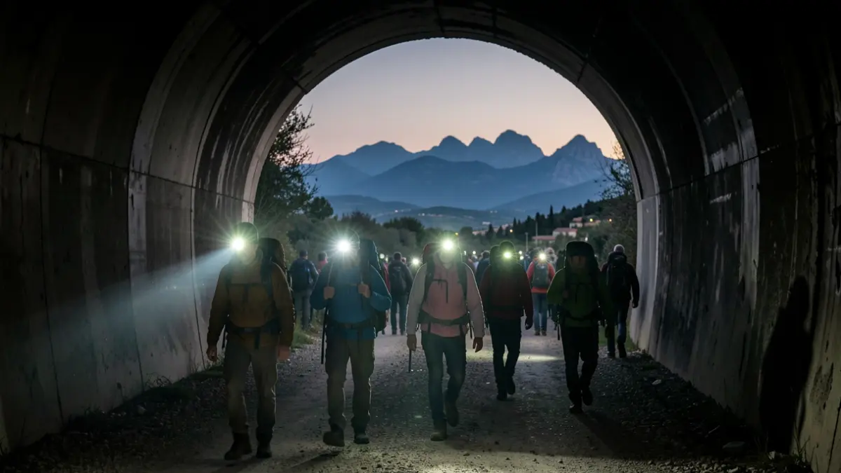 Image of night hikers in a tunnel on the Vía Verde de la Sierra.