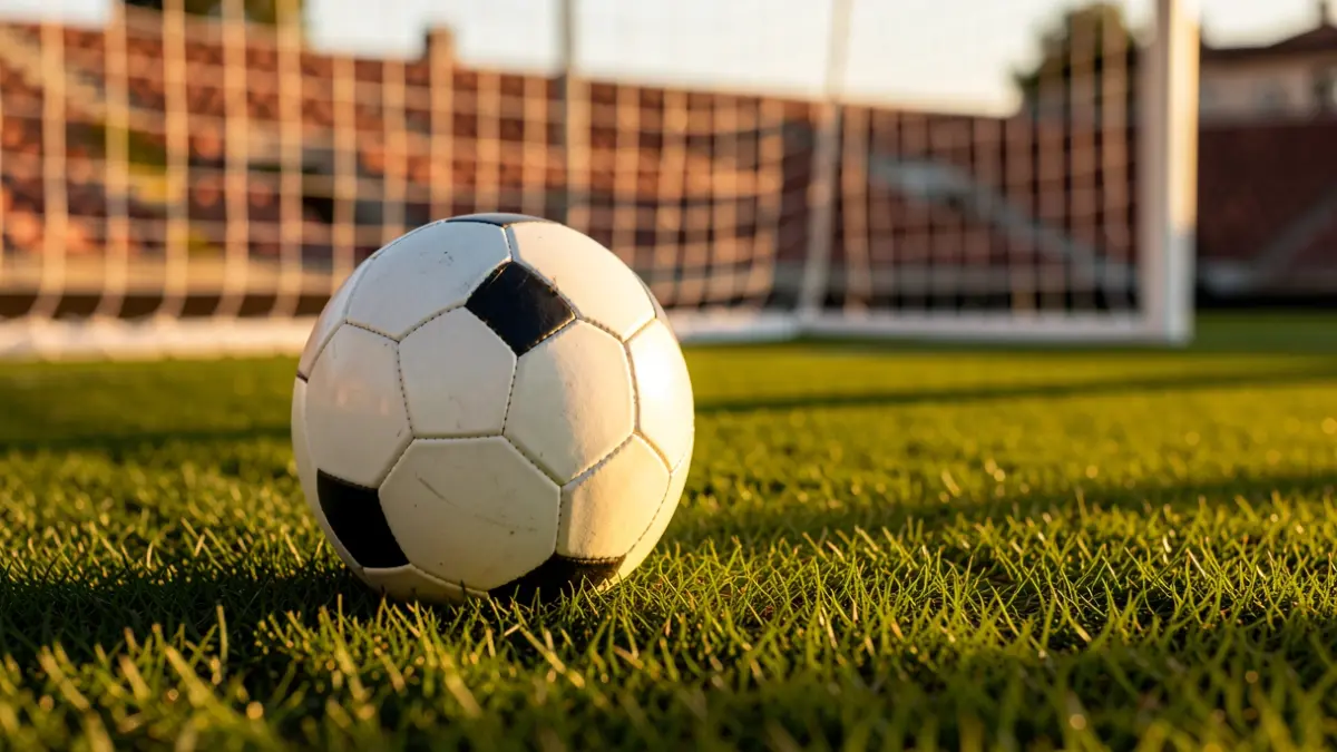 Imagen genérica de un balón de fútbol sobre césped en un estadio al atardecer.