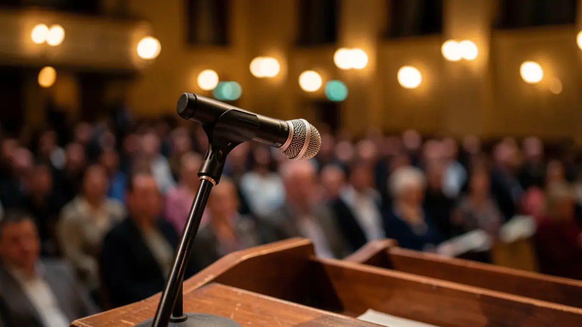 Generic image of a microphone on a stage with warm lights.