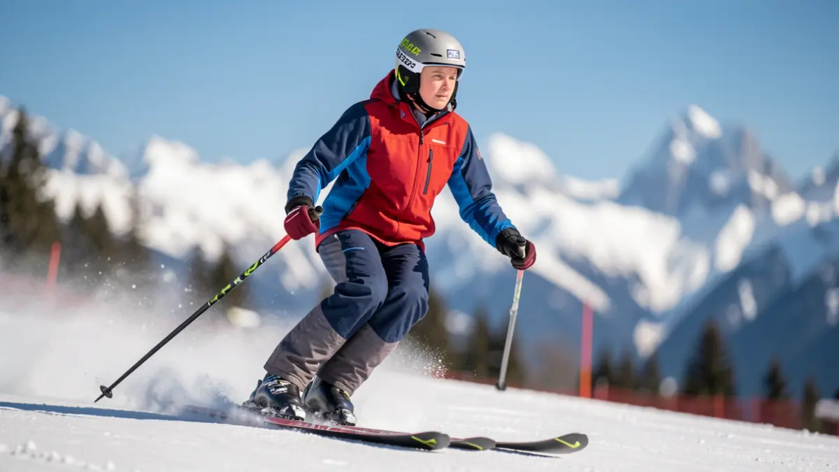 Female skier descending a snowy mountain on a sunny day.