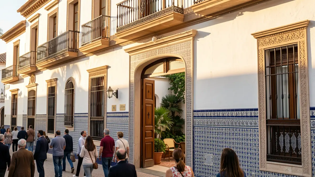 Fachada de un hotel de lujo andaluz con paredes blancas y azulejos tradicionales, bajo la luz cálida de la tarde.
