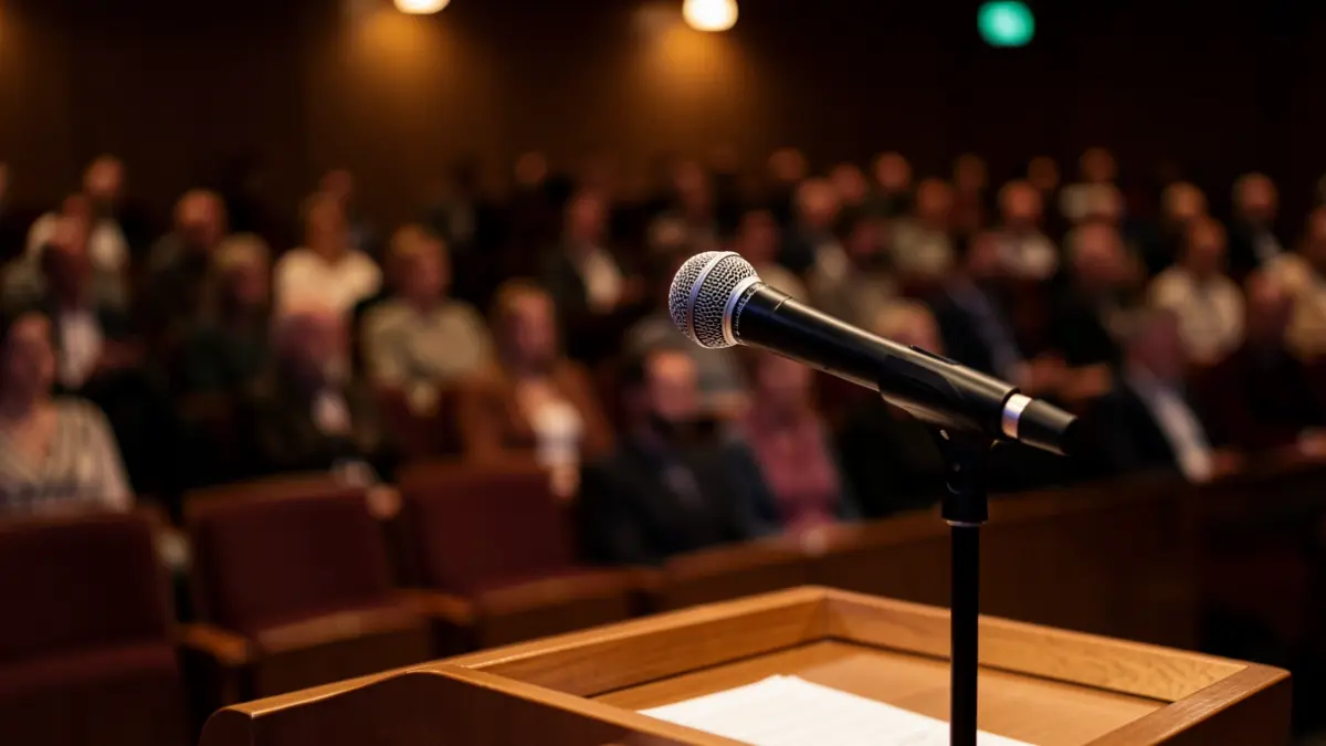 Generic image of a microphone on an empty podium.