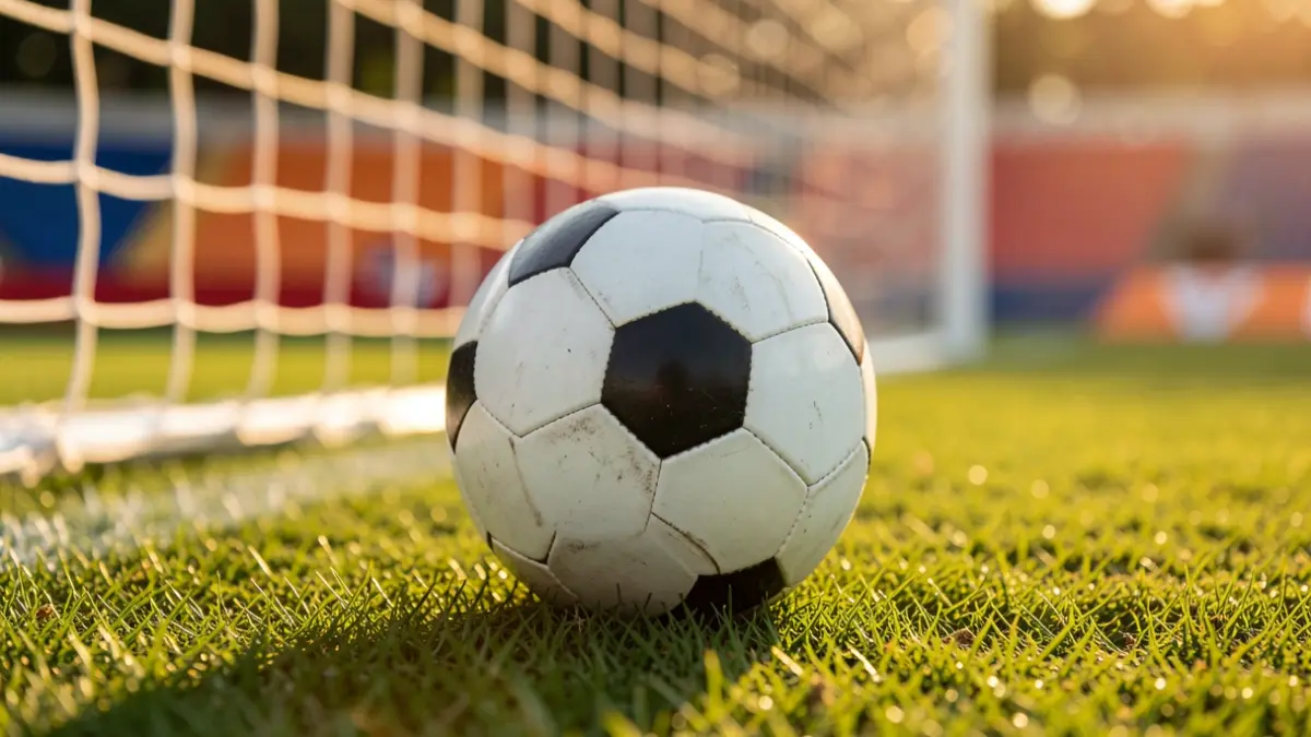 Generic image of a soccer ball on grass with the net in the background.