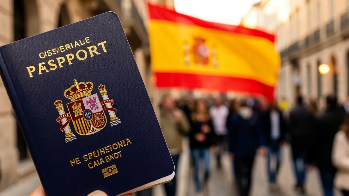 Imagen genérica de un pasaporte español con una bandera española desenfocada.