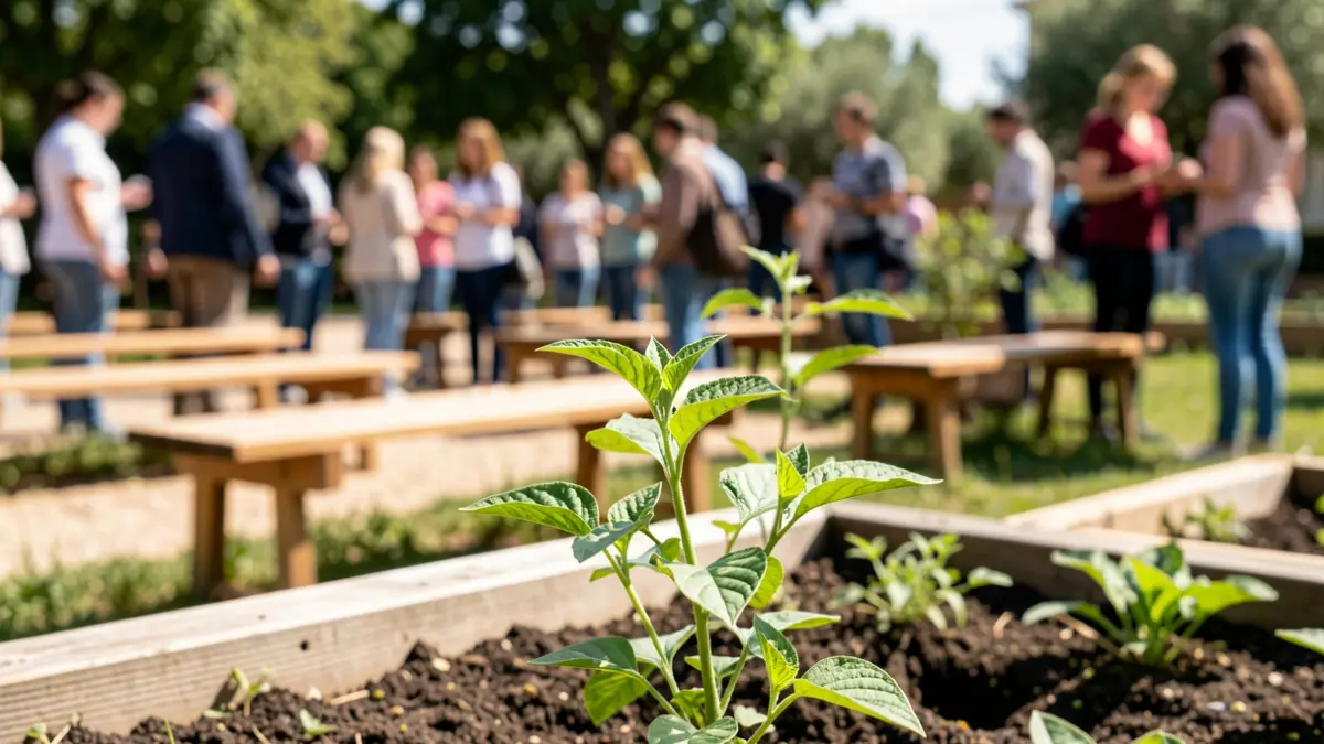 Generic image of a school garden with a young plant in the foreground.