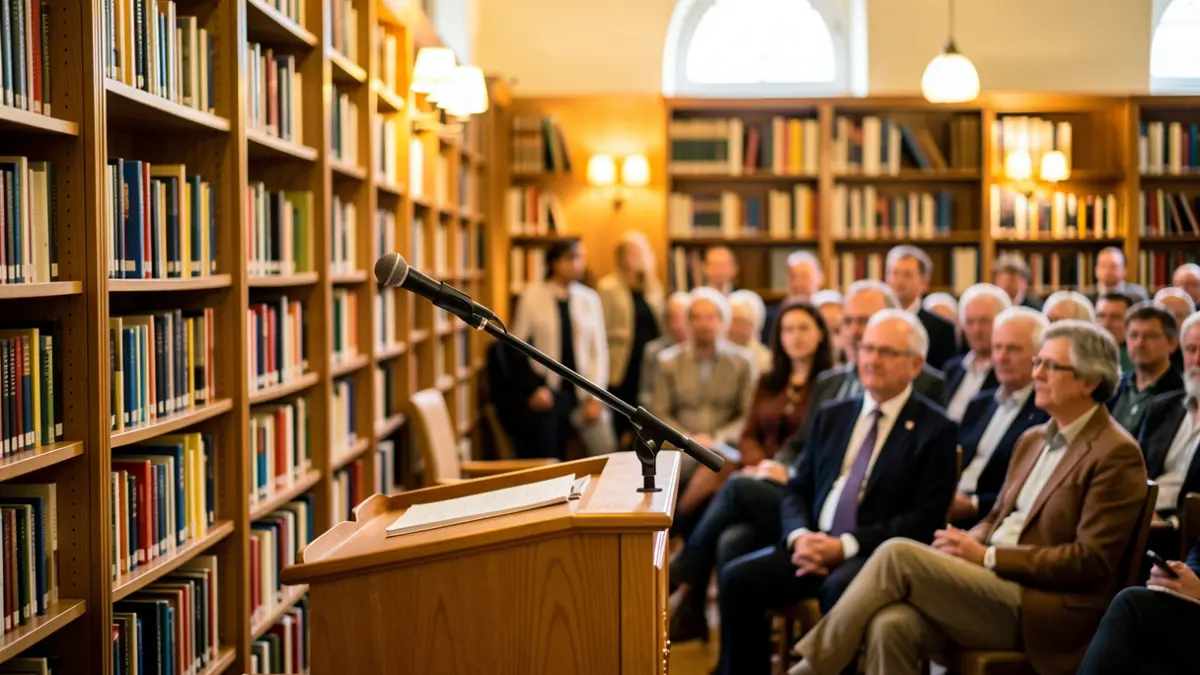 Imagen genérica de un evento cultural en una biblioteca con público.