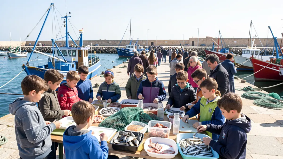Generic image of children participating in an educational workshop about the origin of marine food at an Andalusian fishing port.