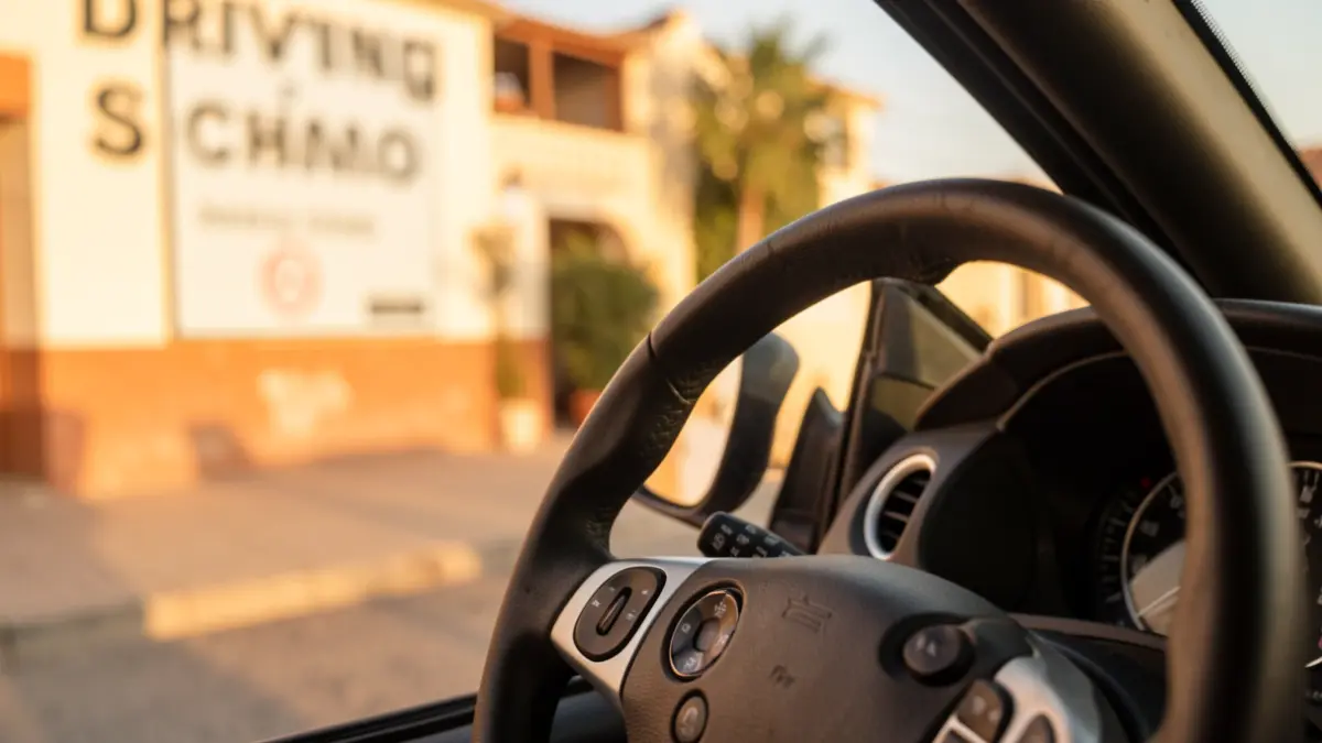 Primer plano de un volante de autoescuela con señal de espera borrosa al fondo.