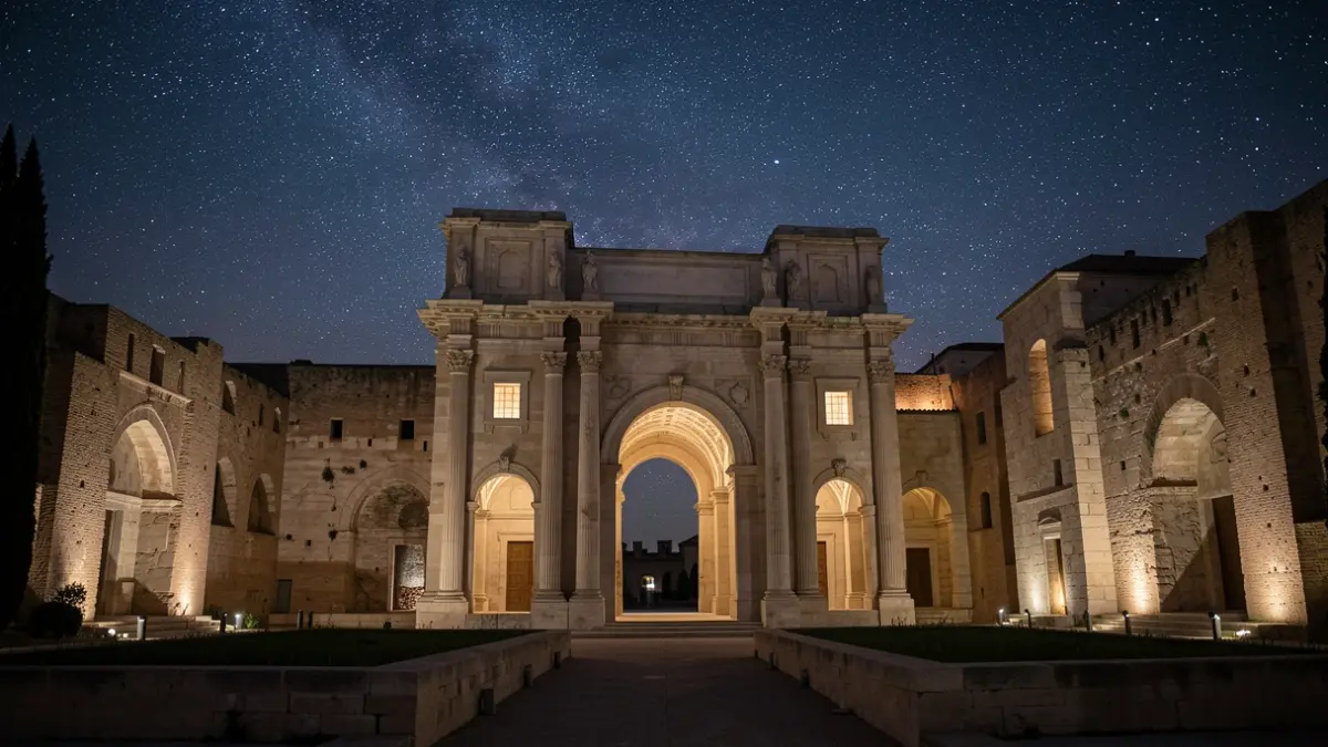 Fachada del yacimiento arqueológico de Madinat al-Zahra de noche.