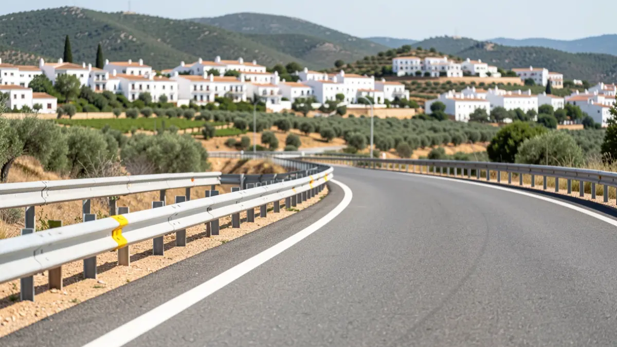 Imagen de la carretera GR-3303 mejorada, mostrando la curva suavizada y las nuevas barreras de seguridad.