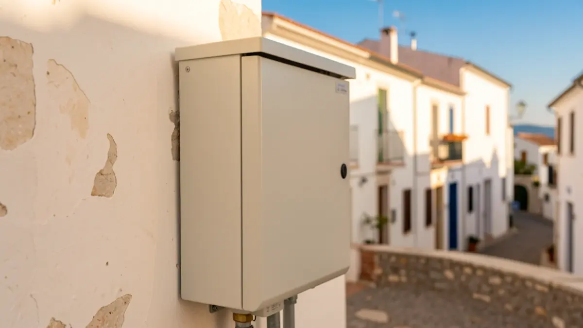 Generic image of an electrical transformer on a street in a Mediterranean town.