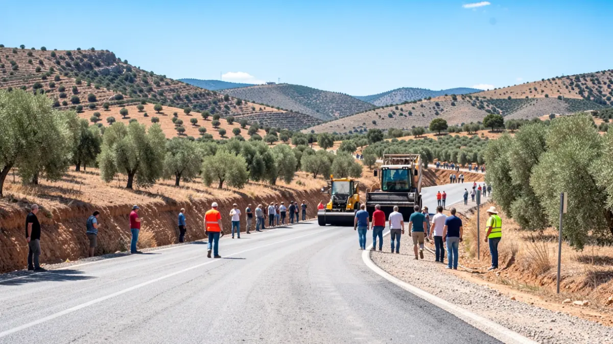 Imagen de obras de asfaltado en una carretera rural de Andalucía.